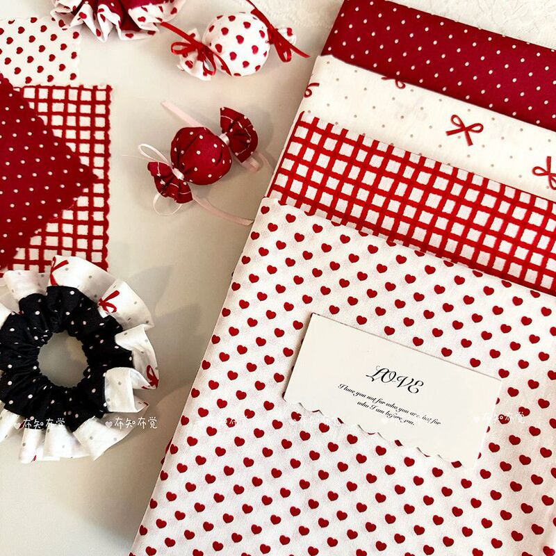 Red plaid heart and polka dot tablecloth, high aesthetic home tablecloth, Japanese-style handmade DIY fabric for doll clothes and hair ties