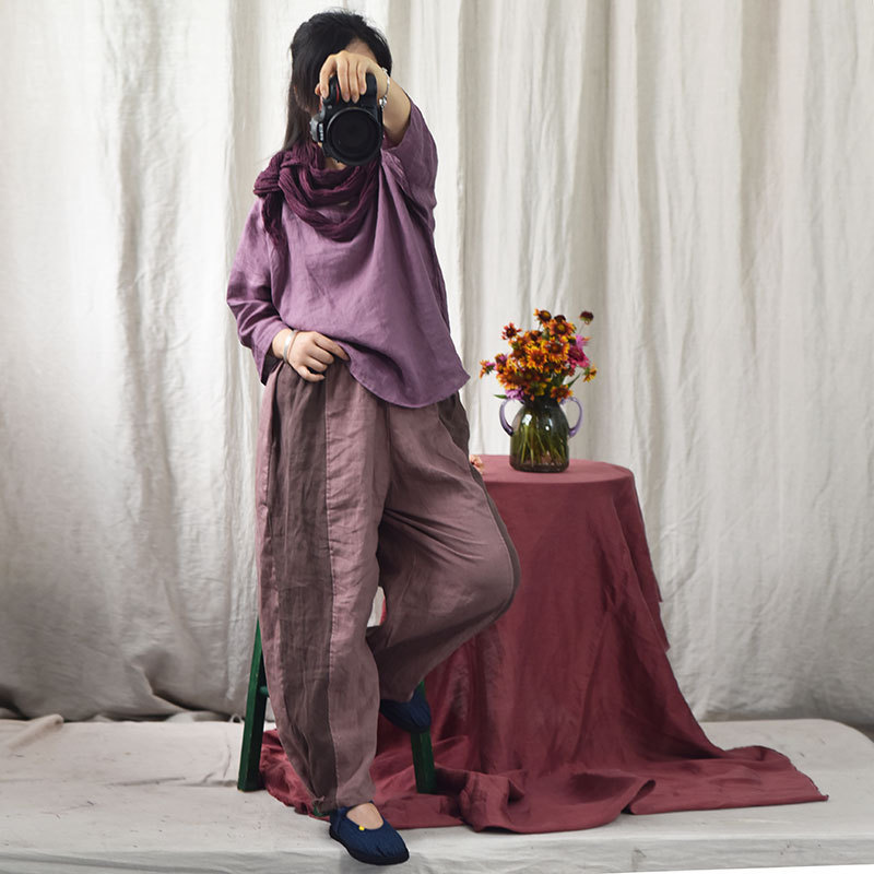 Cool autumn/original cloth clothing spring and autumn linen patchwork personality lantern casual trousers yoga buckle closed wide-leg pants