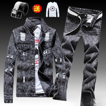 春秋季男士牛仔外套搭配长裤子一套装韩版潮流帅气衣服夹克男包邮