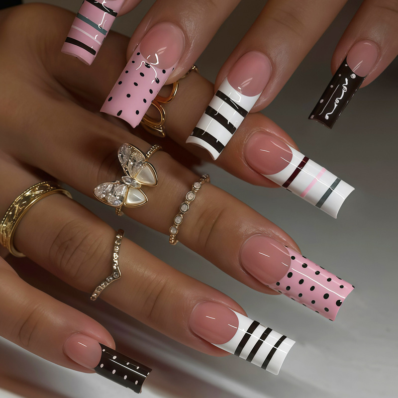 Spring and Summer Hot-Selling White and Pink French-Style Black and White Polka Dot Stripes Y2K Style European and American Creative Fashion Wearable Nails