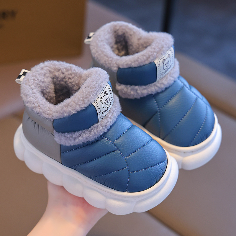 Zapatos de algodón para niños de invierno, niños y niñas, calentamiento de peluche, cuero PU impermeable, bolsas para niños y zapatos de algodón para bebés