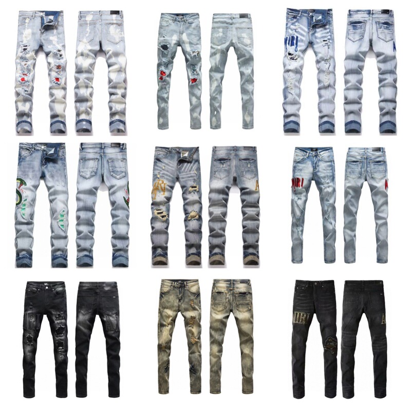 Am Foreign Trade Slim Fit Stretch Four Seasons Patchwork Cotton Stretch Embroidered Leather Label Distressed Patchwork Fashion Men's Jeans Collection