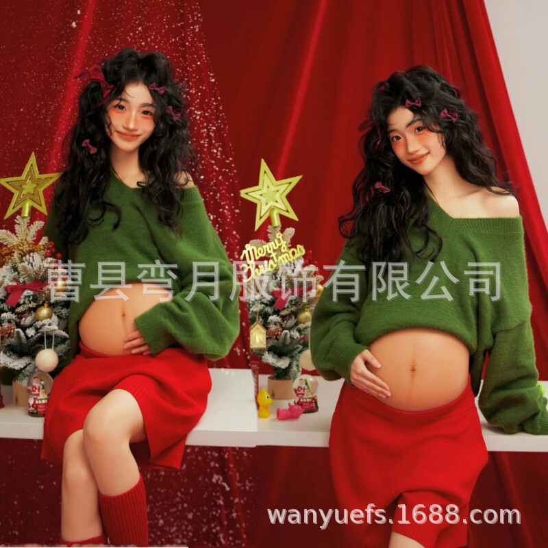 Studio New pregnant women's photography clothing Christmas New Year theme cute belly-exposed pregnant mom art photo at home photography clothing