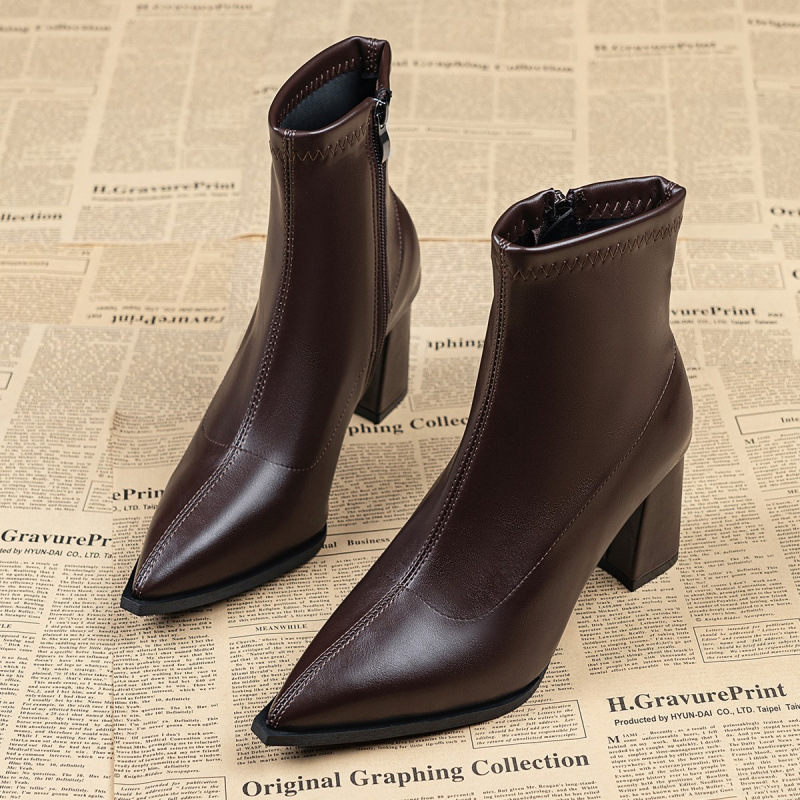 2026 New Autumn and Winter High-Heeled Chunky Heel Trendy Korean-Style Ankle Boots with a French High-End Feel, Pointed-Toe Short Boots for Women 2026 New Autumn and Winter High-Heeled Chunky Heel Trendy Korean-Style Ankle Boots with a French High-End Feel, Pointed-Toe Short Boots for Women