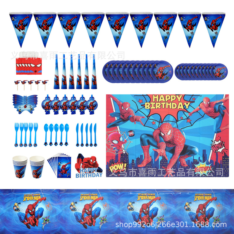 Cross-border Spider-Man-themed tableware, napkins, and table decorations for birthday parties; Spider-Man birthday banner Cross-border Spider-Man-themed tableware, napkins, and table decorations for birthday parties; Spider-Man birthday banner