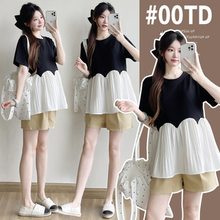 Maternity Wear 2025 Summer New Fashion Maternity Doll Shirt Versatile Loose Black and White Splicing Doll Shirt Top