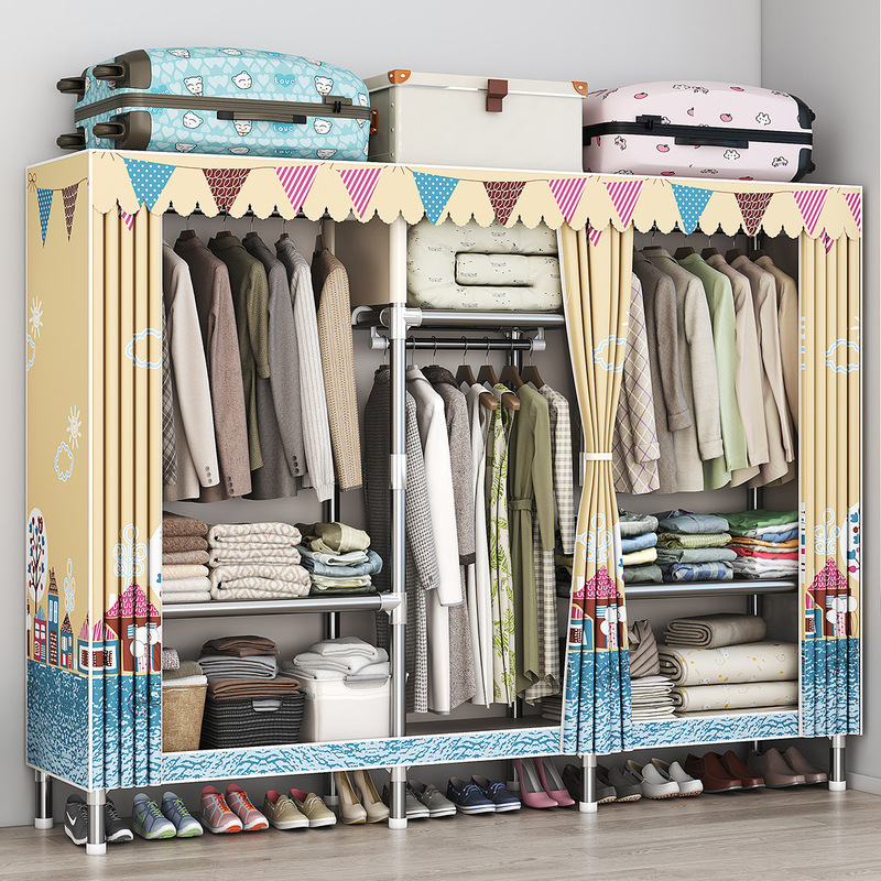 Household Rental Room Bedroom Assembly Wardrobe Hanging Clothes Storage and Arrangement Steel Frame Bold Simple Oxford Cloth Wardrobe Household Rental Room Bedroom Assembly Wardrobe Hanging Clothes Storage and Arrangement Steel Frame Bold Simple Oxford Cloth Wardrobe