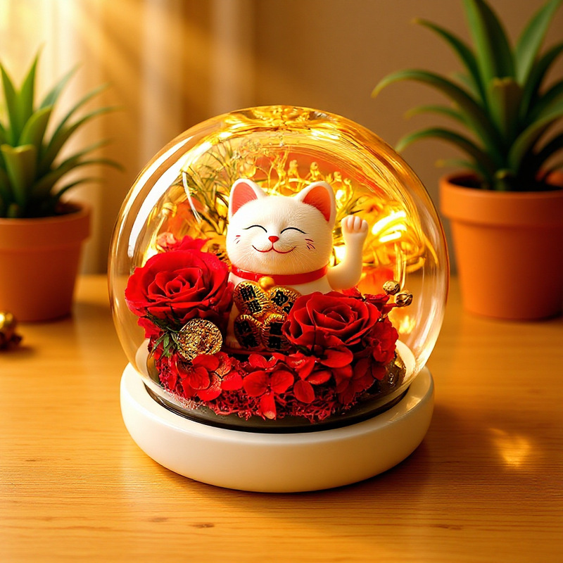招财猫猫小摆件永生花束高级感手工花束自己做玫瑰花干花鲜花跨境|undefined