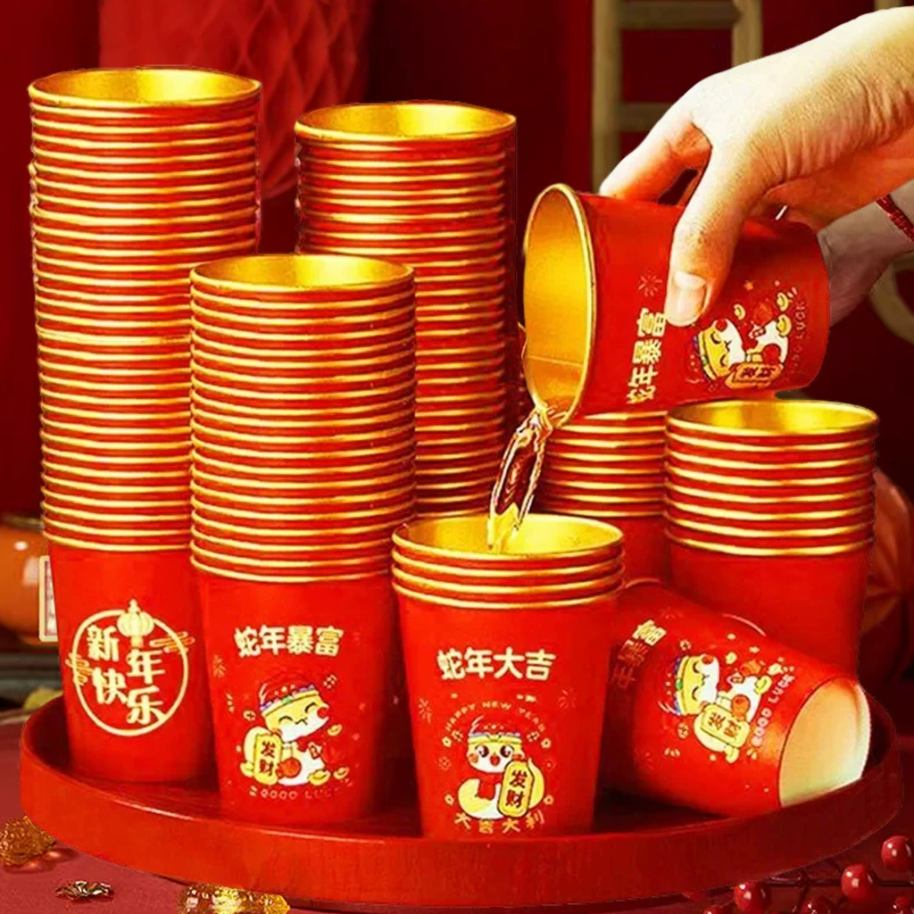 Бумажный стаканчик из красной золотой фольги, бумажный стаканчик, праздничный одноразовый стаканчик, бытовой утолщенный стакан для воды, национальный тренд