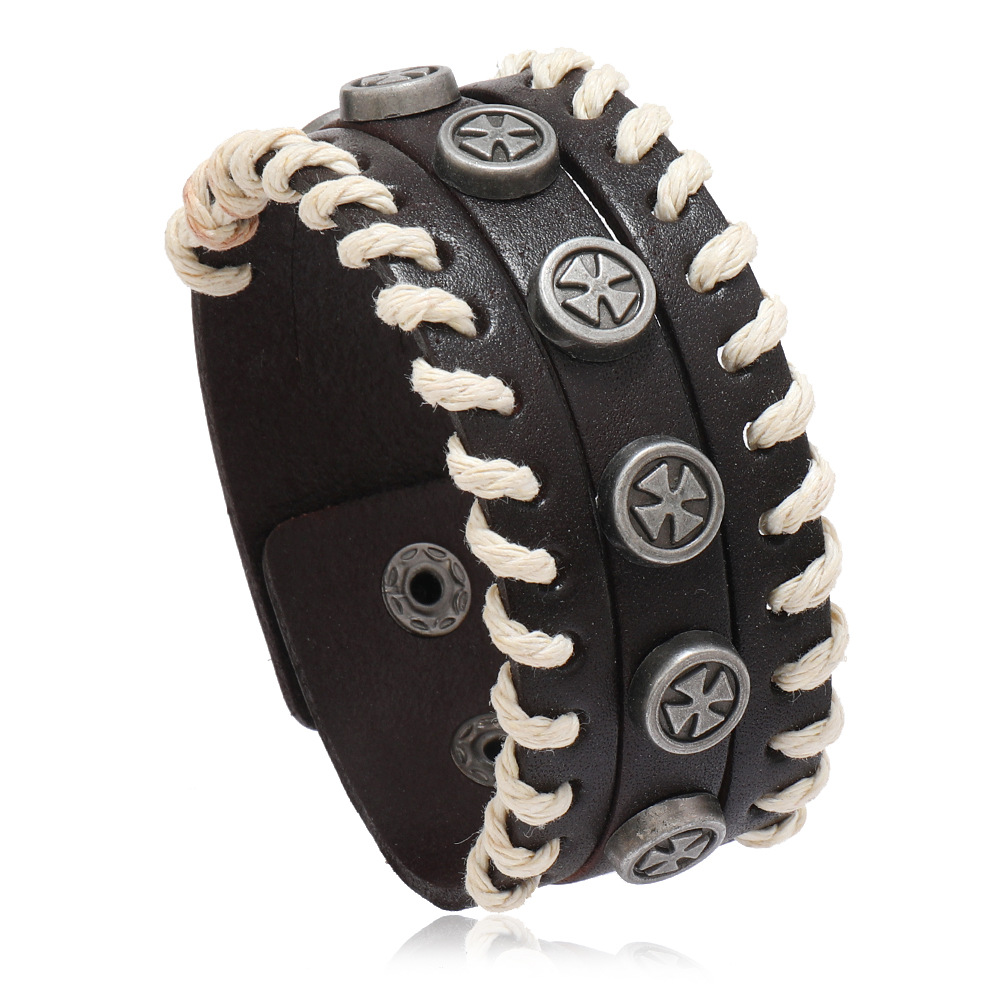 33g Weight Bangle Classification 1 Piece Quantity Retro Color Block Pu Leather Alloy Knitting Men's Bangle Men Cord & Leather Bracelets
