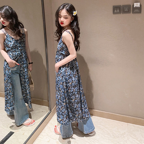 Girls Summer Stacked Floral Suspender Dress 2024 New Children's Fashionable Cute Princess Dress Girl Skirt