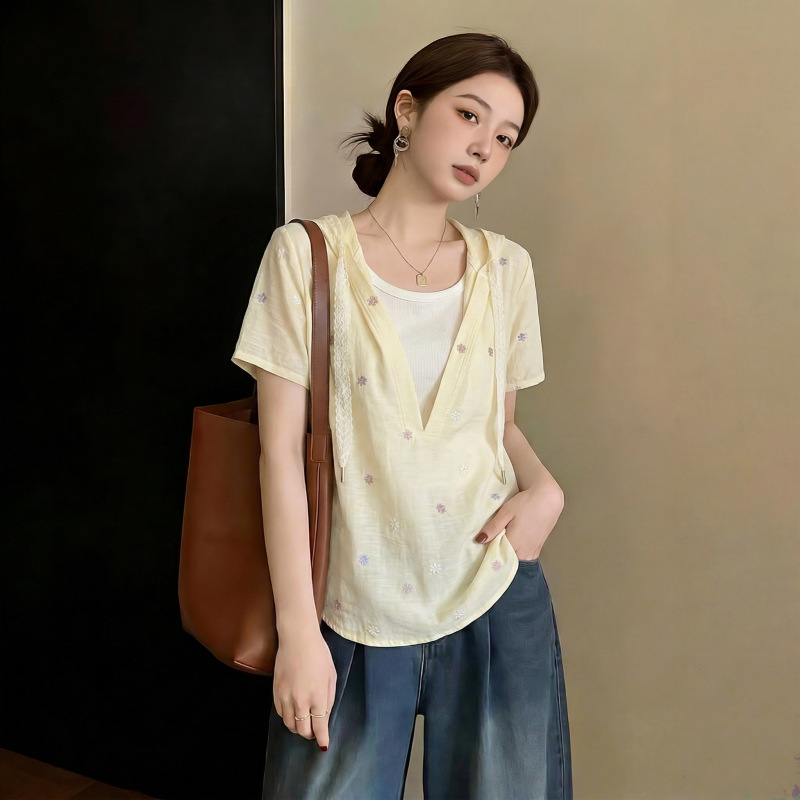 Áo sơ mi ngắn tay phối mũ trùm dáng rộng che bụng cho nữ size lớn — xanh lam chi tiết 4