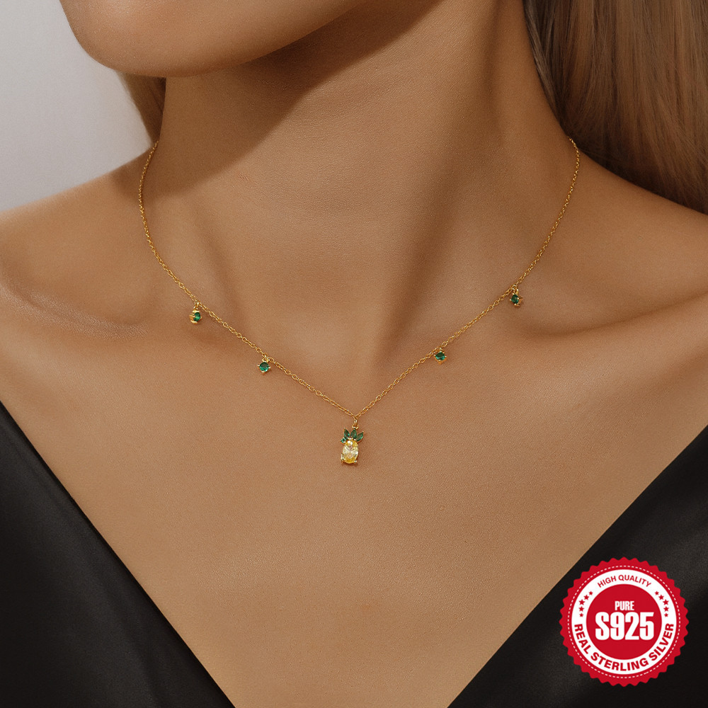 Tendencia de moda nueva fruta piña cadena de clavícula S925 plata de ley color circón costura monzón de verano collar apilado