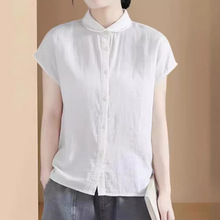 外贸双层棉纱彼得潘元宝领格子短袖无印白衬衫女良品新#040