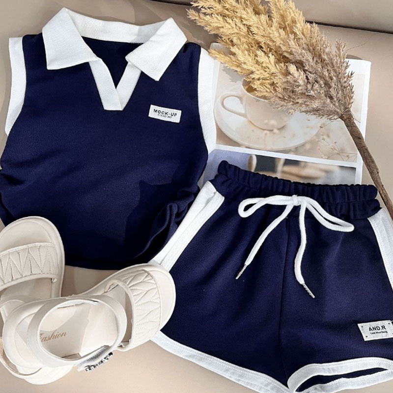 소녀 여름 새 세트 어린이 민소매 폴로 셔츠 세련된 투피스 캐주얼 세트 28075