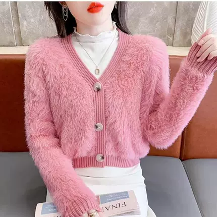 软糯风仿貂绒外套秋冬款超仙奶白色针织开衫加厚V领慵懒毛衣上衣