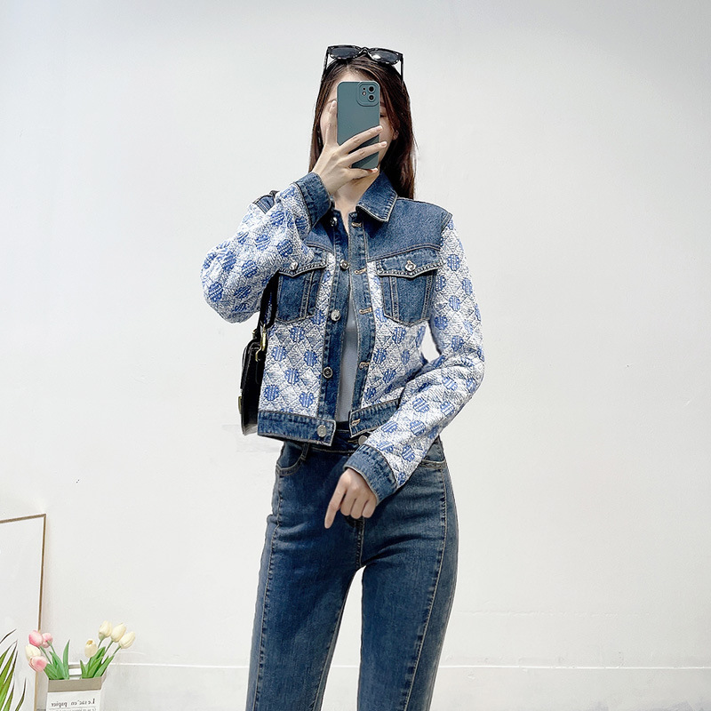 French Retro Spring and Autumn New Tweed Denim Patchwork Sweater Cardigan Jacquard Letter Long-Sleeve Knitted Short Jacket