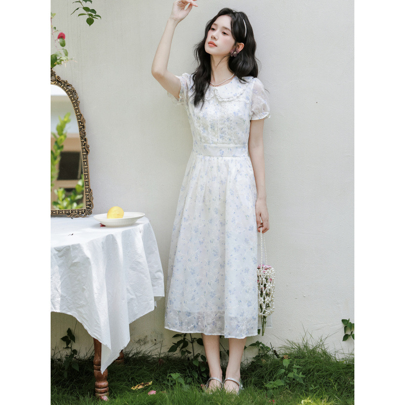 2025夏季新款法式甜美娃娃领提花刺绣碎花文艺减龄短袖连衣裙女|undefined