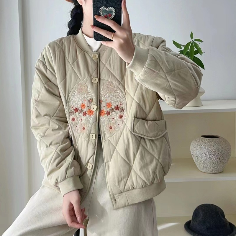 复古文艺森系刺绣菱格棉衣女秋冬新款宽松百搭加棉棒球棉服外套女