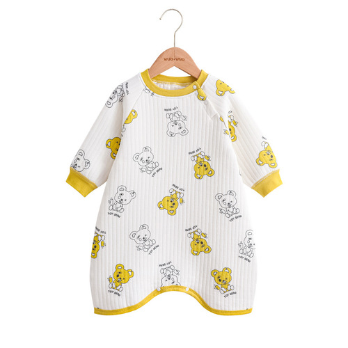 WUAWUA Baby Pajamas Spring and Autumn Three-Layer Interwoven Cotton Warm Robe with Thick Sleep Dress Baby Onesie Long Sleeve