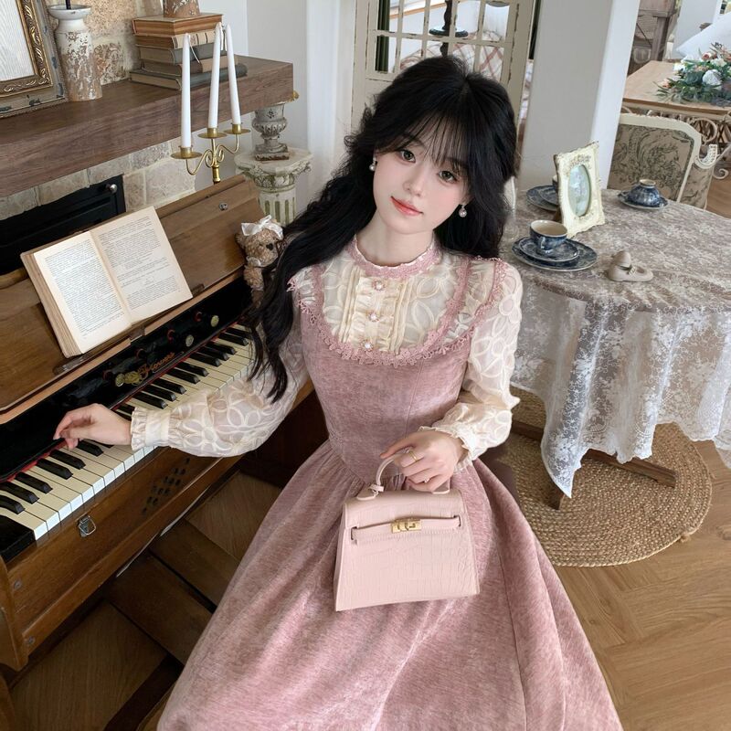 Nana's Early Autumn New Dreamy French Slim Retro Palace Style Princess Dress Fake Two-Piece Long-Sleeved Dress