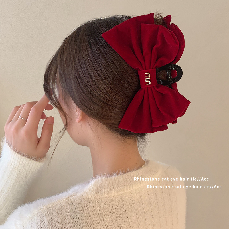 min wine red velvet double large bow grip clip