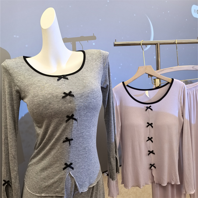 Round Neck Pullover Pajamas Women's Long Sleeve Trousers Modal Cotton Cute Bow Girl Free Wear Bra Homewear