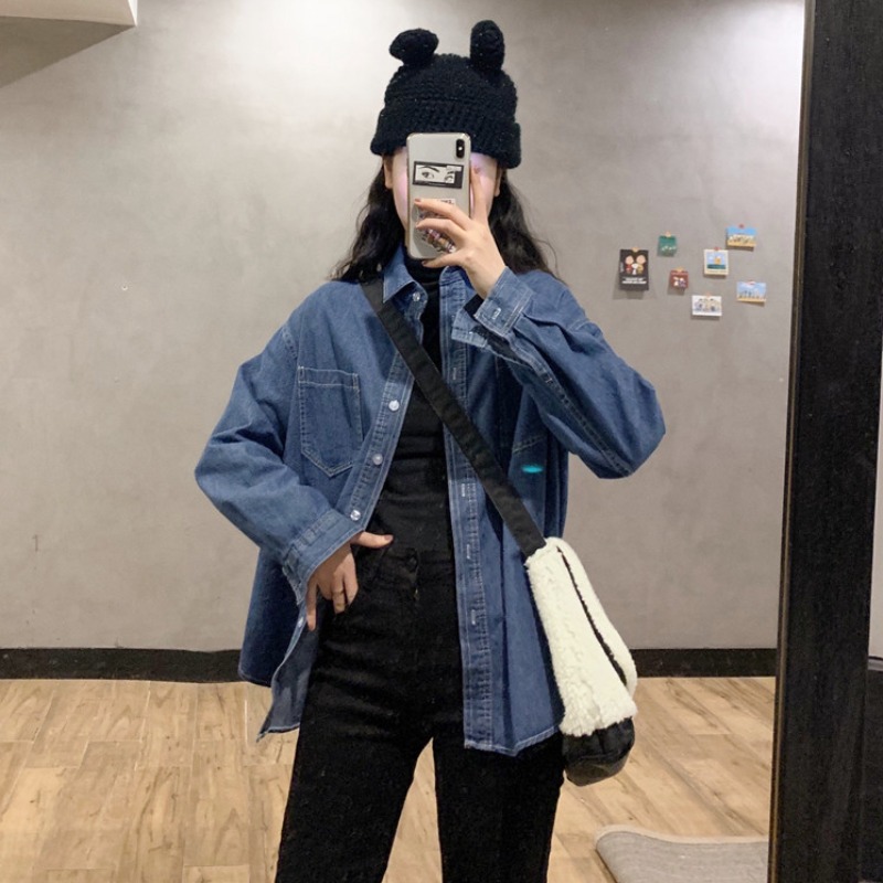 봄 가을 한국 스타일 플러스 사이즈 통통녀 올 매치 셔츠 여성 학생 루즈베이스 홍콩 스타일 레트로 데님 셔츠 재킷 트렌디