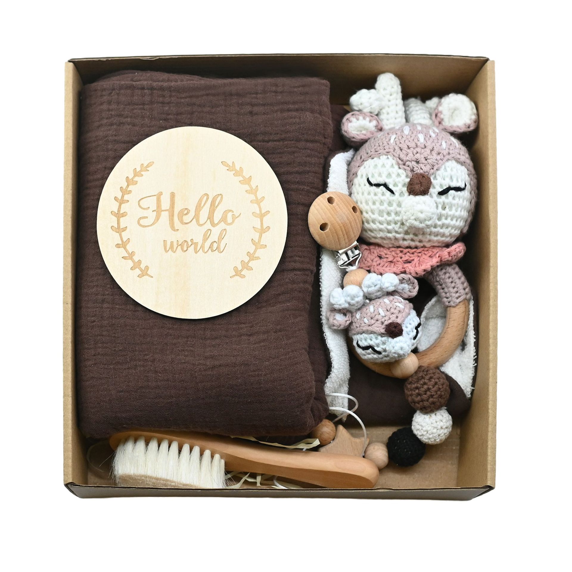 Nuevo bebé animal crochet campana de madera caja de regalo de nacimiento juego cadena de chupete bebé nacimiento luna llena regalo