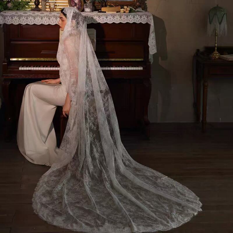 Eyelash Lace with Metal Comb Bridal Veil, Vintage Super Fairy Long Trailing Chapel Veil, Cross-Border Foreign Trade