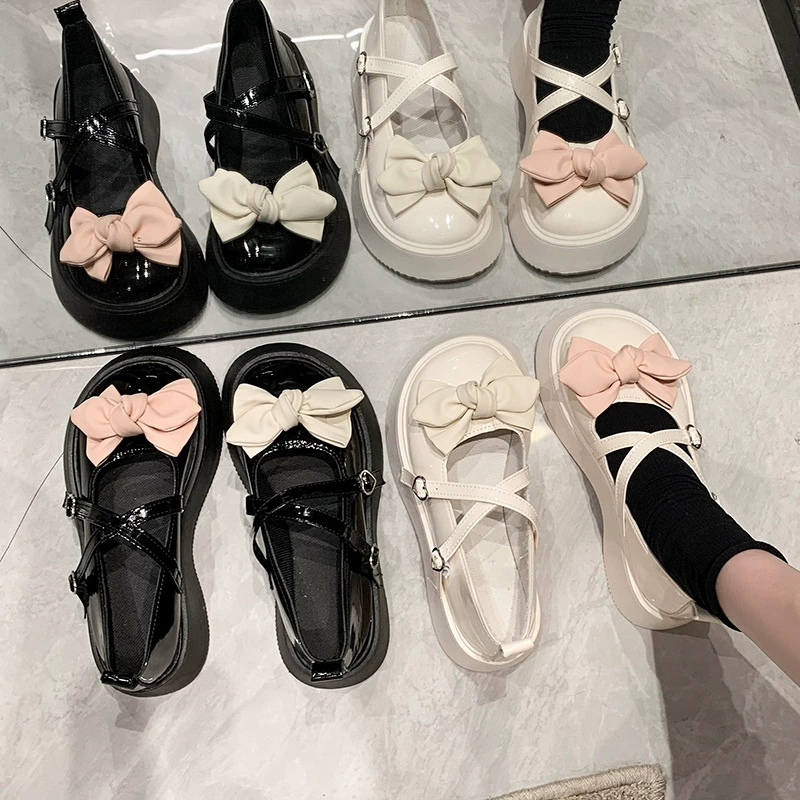 Cute Japanese Lolita Bow Shoes in PU Leather, Mary Jane Style, Summer Footwear