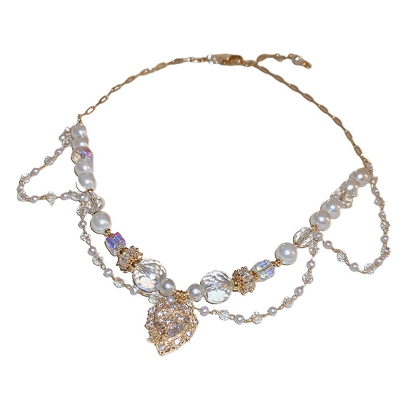 Estilo francés corte dulce cristal borla collar luz lujo temperamento encantadora perla clavícula Cadena de alto grado collar al por mayor