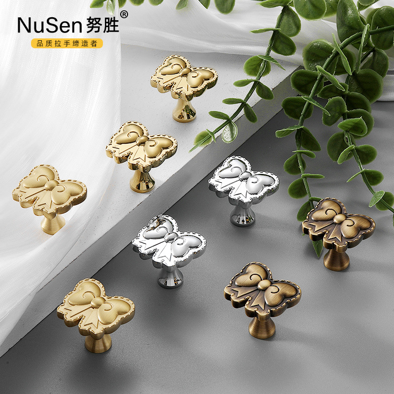 創意蝴蝶結法式輕奢黃銅衣櫃拉手可愛造型裝飾抽屜金銀色柜子把手