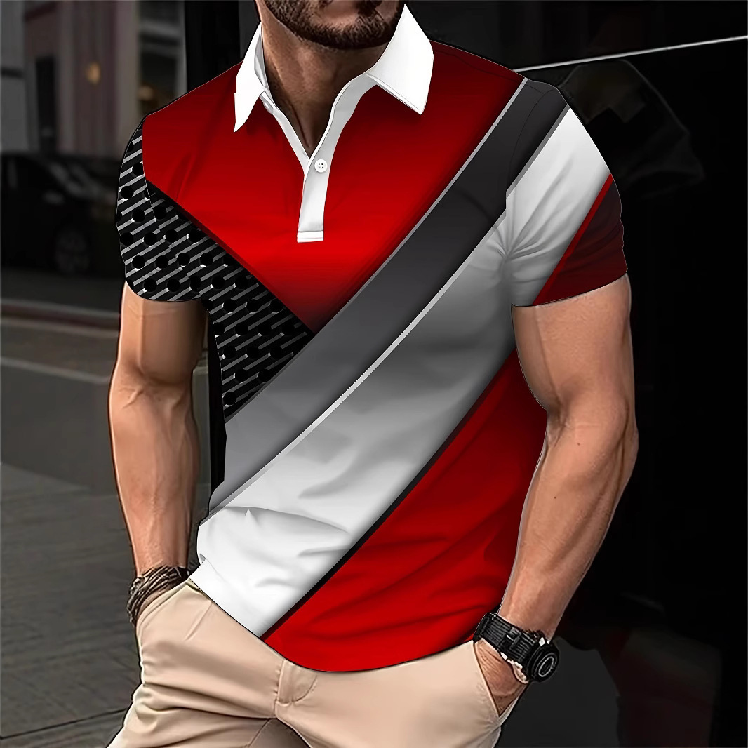 Temu European and American Cross-Border Fashion New Summer Color Matching 3D Digital Printing Men's Lapel Short-Sleeved Polo Shirt Order