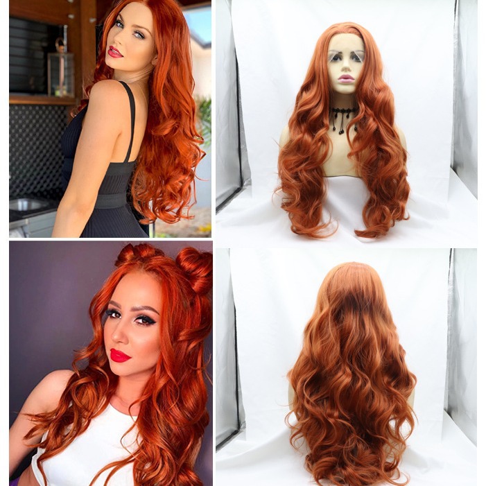 Amazon AliExpress Hand Hook Front Lace Chemical Fiber Wig Free High Temperature Silk Long Curly Hair Orange Headgear