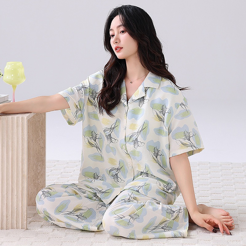 New Cloud Cotton Women's Pajamas with Breast Pads, Summer Thin Cardigan, Short-Sleeved Trousers, Bra-Free Home Clothes