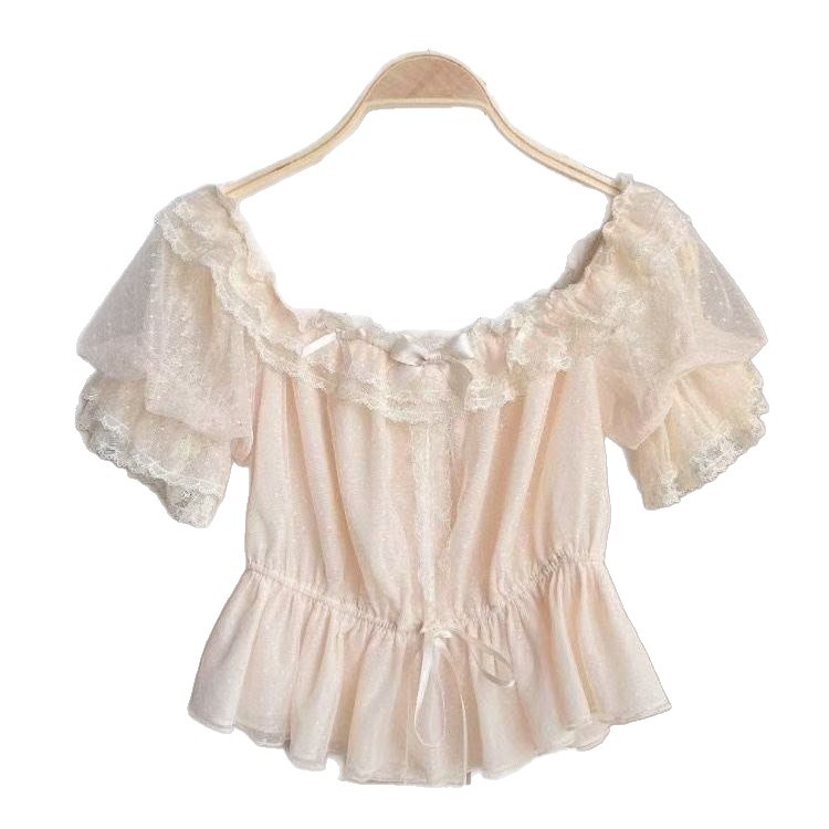 Short off-shoulder cream polka dot Lolita inner shirt with lace puff sleeves and a cinched waist