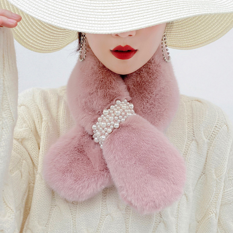Bufanda de conejo sintético Rex versátil y gruesa con cuello de piel de conejo de imitación para otoño e invierno para mujer con cruz de perlas_voghion.com