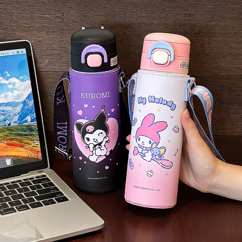 Sanrio Kulomi Taza de calor para niños 2024 nuevo tipo con taza de agua de paja para niñas lindas tazas de doble bebida portátiles