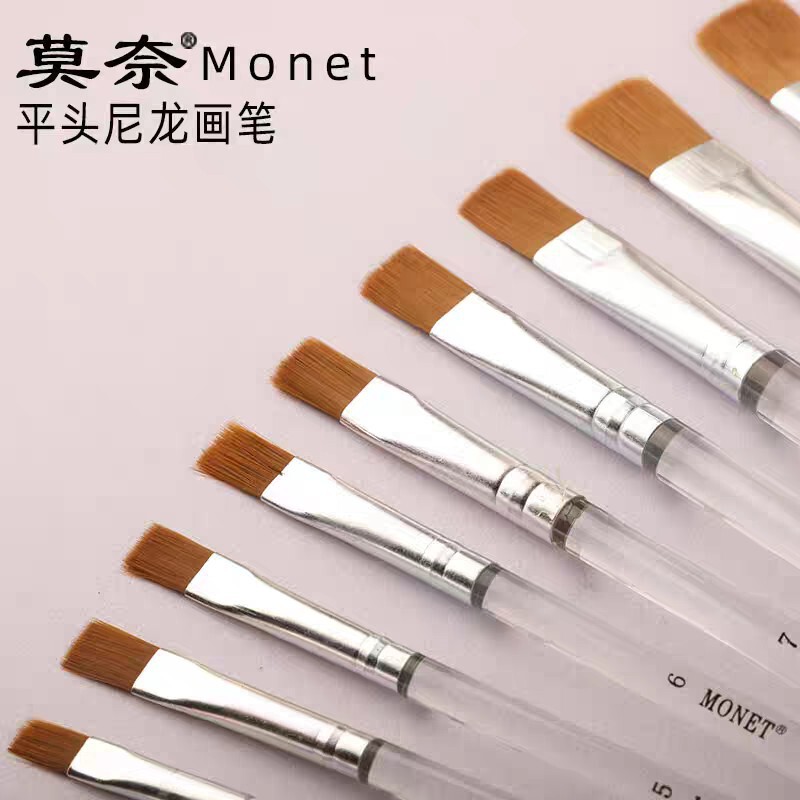 Monet's Crystal-Clear Nylon Flat-Head Paintbrush for Gouache, Acrylic, Oil Painting, Nail Art, Transparent Crystal Handle, Sand Painting Brush