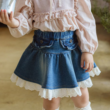 2025秋款草莓珊韩国儿童女孩花边拼接休闲牛仔半身裙预售