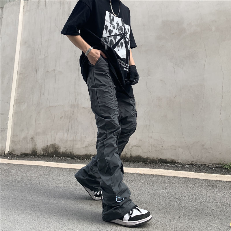 High Street Functional Vibe Style Folded Stacked Micro Horn Long Pants for Men's American Slim Fit Street Instagram Versatile Casual Pants_voghion.com