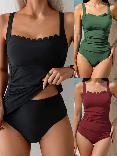 Qianmo 2026 Black Two-Piece Conservative Swimsuit That Covers the Belly and Makes You Look Slimmer, with Wavy Edges at the Chest and Double Shoulder Straps, Women's Cross-Border European and American Swimwear
