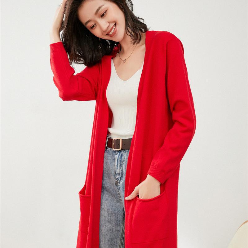 Spring and Autumn New Women's Mid-length Knitted Cardigan Jacket Solid Color V-neck Long Sleeve with Pocket Solid Color Large Size Sweater for Women Spring and Autumn New Women's Mid-length Knitted Cardigan Jacket Solid Color V-neck Long Sleeve with Pocket Solid Color Large Size Sweater for Women