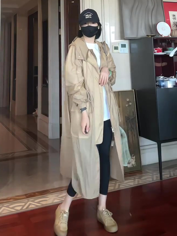 Áo khoác chống nắng dáng dài có mũ trùm đầu kaki mỏng nhẹ mùa hè — Màu kaki chi tiết 6