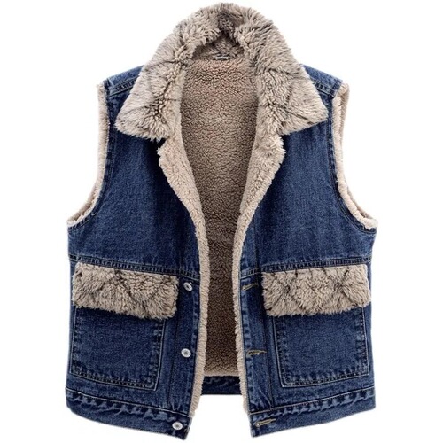 Lamb Wool Denim Cotton Jacket Vest for Women Autumn and Winter Thicken Fleece Short Sleeveless Warm Cotton Backless Top Upper Clothing