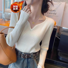 加绒加厚毛衣打底衫女内搭秋冬季新款修身v领长袖针织衫内搭上衣