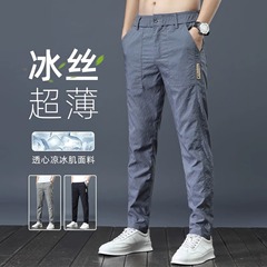 シャツの少ない服装の氷の糸のカジュアルなズボンの男性の夏の薄い金の韓国版の修身はファッションの湿っているまっすぐなズボンをつなぎ合わせます。