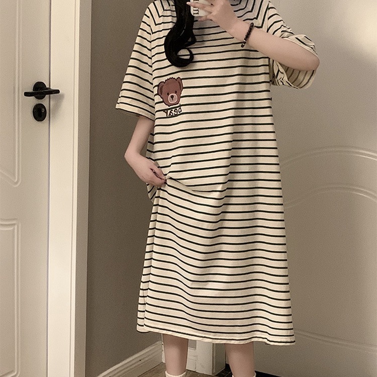 Pijamas de verano para mujeres nuevas rayas simples dulces caricaturas osos sueltos estudiantes ropa de hogar pijamas de cabello
