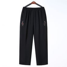 妈妈裤子夏装中年绣花女裤奶奶老年人百搭直筒裤松紧腰九分休闲裤